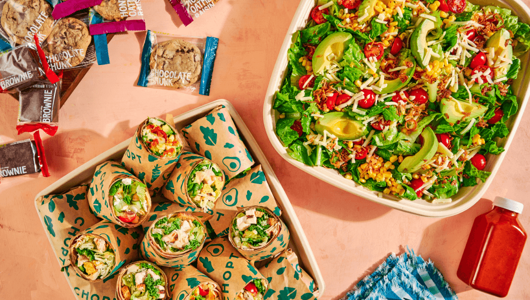 Chopt catering options including salads, wraps, and snacks
